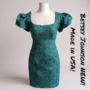 Betsey Johnson Sz 2 NWT* Teal Floral Corset Back Puff Sleeve Cutesy Cotton Dress
